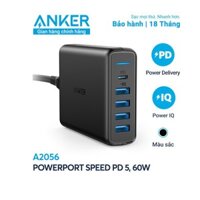 Sạc ANKER PowerPort 5 cổng 60W - 1 USB-C PD 30W & 4 USB A Power IQ 12W - Model A2056 (HÀNG CHÍNH HÃNG) - BH 18 THÁNG