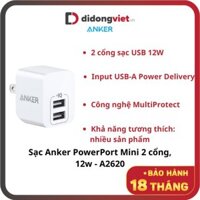 Sạc Anker PowerPort Mini 2 Cổng, 12w - A2620 Màu Trắng