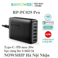 Sạc bàn 6 cổng 1C5A tổng 60w RAVPower PC029 Pro ( Type-C PD max 30w)