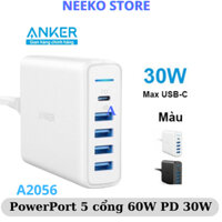 Sạc bàn Anker 5 Cổng PowerPort 60W Sạc nhanh Type C 30W với 4 cổng USB A - A2056 Neekosotre