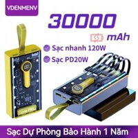 Sạc dự phòng 20000/30000mah trong suốt sạc nhanh PD 120W tích hợp 4 dây sạc tích hợp đèn led chiếu sáng pin Sạc dự phòng