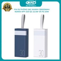 Sạc dự phòng 30000mah sạc nhanh Remax RPP-320 đèn pin, có dây đeo, 4 cổng sạc nhanh hỗ trợ QC 22.5 và PD 20W (3 màu)