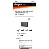 Sạc dự phòng Energizer 15.000mAh QC 3.0 - UE15002CQ