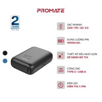 Sạc Dự Phòng Mini 10000mAh PROMATE Acme PD 22W - QC 3.0 Đầu Ra 2 Cổng Sạc USB-C & USB-A, Sạc Nhanh Cho iP/ Android