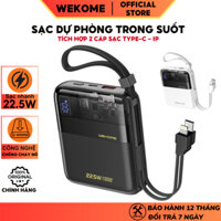 Sạc dự phòng trong suốt Wekome pin sạc nhanh 22.5W tích hợp sẵn 2 cáp type c và ip dùng cho iPhone samsung