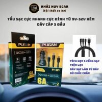 (Sạc Nhanh QC3.0) Tẩu Sạc Pugan 6A Sạc Cực Nhanh Cực Đỉnh Từ 9V-32V Kèm Dây Cáp 3 Đầu