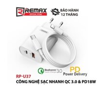 Sạc nhanh Remax RP-U37 2 cổng USB tích hợp QC 3.0 và PD 18W (Sạc nhanh cho iPhone)