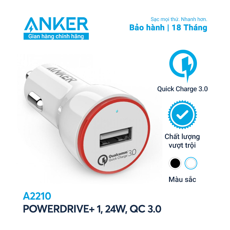 Sạc ô tô Anker Quick Charge 3.0 A2210 - 1 cổng, 24W