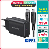 Sạc siêu nhanh Samsung Galaxy Note 20 / S20  25W RAVPower RP-PC156, Cáp Type C to C 60W, 1M RP-CB047 - Fast phone char