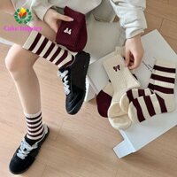 Sahrai 5 Đôi Tất Cotton, Sọc Rượu Vang Đỏ Giữa Bắp Lượn, Thời Trang Chắp Vá Hàng Dệt Kim Nơ Ống Tất Nữ Mùa Đông
