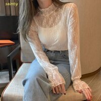 Sainty Áo Chui Đầu Trong Suốt, Chấm Nửa Cổ Cao Ren Hoa Top, Áo Dạo Phố Ngọt Ngào Nhìn Xuyên Qua Áo Sơ Mi Đi Biển Nữ