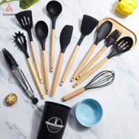 Sajenh 12 Dụng Cụ Nhà Bếp Silicon Thìa Xẻng Thìa Canh Dụng Cụ Nấu Ăn Có Xô Bảo Quản Tay Cầm Gỗ Chống Dính Tiện Ích Nhà Bếp Mới