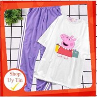 [SALE] [45]  Bộ Đồ Quần Áo Nữ Xinh Cute -   Áo Thun Phôn  Nắn Tay Cổ Tròn  In Lợn Mua Sắm Kèm Quần Thun Bo Chun Gấu