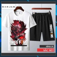 (SALE 50%) Bộ Quần Áo Free Fire Cổ Tròn Cotton Màu Trắng In Hình Quỷ Vương Cực Chất