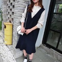 [sale 50%] váy bầu sơ mi cổ tàu giả yếm V60 Hàng chuẩn 2019