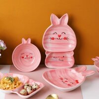 [Sale] Bộ 3 Bát Đĩa 🌸THỎ HỒNG🌸 Bát đĩa ăn cơm ăn mì, decor bàn ăn dễ thương, bát đĩa ăn dặm cho bé