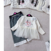 [SALE] Bộ dài tay bé gái áo xòe voan vải tổ ong quần jean ren gấu TT