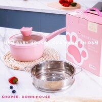 SALE Bộ nồi chảo Fashion hình mèo siêu đáng yêu cho bé ăn dặm màu xanh hồng 20cm