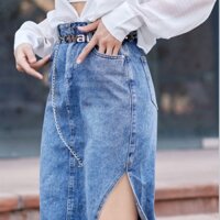 [Sale] Chân Váy Jean Suông Dài Sẻ Tà Nhún Eo Tôn Dáng Thời Trang