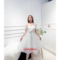 (SALE) Đầm trắng xòe nơ ngực tay lưới ngọc, váy đầm công chúa tiểu thư dự tiệc... ảnh shop ( linhh.fashion)
