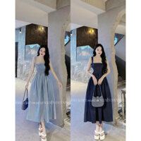 Sale đến 40% Đầm jean 2 dây nhún ngực dáng xòe bồng , , váy xòe jeansnữ dáng dài maxi DX Angerlina.clothing
