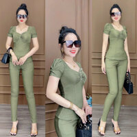 Sale đến 40% Set bộ thun xốp nhật quần ôm áo đính hạt, đồ bộ dàinữ mặc đi làm, đi cà phê Angerlina.clothing