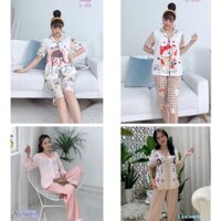 [sale dưới 55kg] Đồ bộ nữ pijama lụa ngủ mặc nhà tiểu thư tay ngắn quần dài lửng đùi satin dễ thương