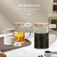 SALE Ly Cốc ca thủy tinh Glass Cup chia vạch đo lường định lượng đong thể tích có nắp gỗ đậy chịu nhiệt 350-500-1000ml