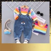 [sale mạnh] Set áo cầu vồng dài tay + quần yếm jean cho bé trai / bé gái TQXK