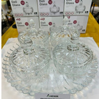 SALE NGHỈ TẾT Combo 3 âu TG15A + 1 khay thủy tinh trong suốt đựng bánh kẹo mứt Tết đẹp có nắp cao cấp giá rẻ