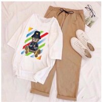 [SALE] Set Bộ Đồ Nữ  Dự Tiệc, Mặc  Áo Phông In Gấu Áo Đen Cotton+Quần Kaki  Teen Hàn Quốc