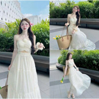 [Sale] Set váy đi biển chất voan tơ có mút cổ yếm dáng váy dài xòe tiểu thư mẫu mã xinh xắn nhẹ nhàng dễ thương💃💃   💃