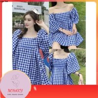 [SALE SỐC] Đầm Babydoll Nữ Kẻ Xanh Cổ Vuông , Váy Nữ Tay Bồng Kẻ Caro Dáng Xòe Q021