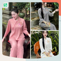 [Sale Sốc] Đồ lam đi Chùa nữ sét áo tràng nữ sét pháp phục thêu lá Bồ Đề kết hợp chữ tâm xinh xắn QC🌹🌹 TION FASHION -