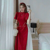 [Sale Sốc] Set áo dài đỏ cách tân tay bồng mix quần dài trắng ống suông rộng vải lụa nhung mặc Tết siêu sang QC🌹🌹 TION