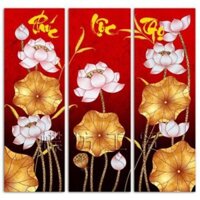 sale sốc Tranh thêu chữ thập phúc lộc thọ hoa sen vàng tuyệt đẹp kt 27*63*3 (kèm hình thật)  tranhđẹp