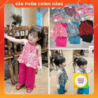 (Sale+Tặng Quà) Set Áo Yếm Gấm Lụa Đẹp In Hoa Phối Quần Ống Suông Kèm Bờm Tóc Cho Bé Gái Mặc Lễ Hội Siêu Xinh_COCAHOUSE