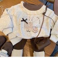 (sale tồn kho) Quần áo trẻ em, áo nỉ lót lông cho bé gái thiết kế cổ phối ren điệu đà kết hợp với quần legging lót lông