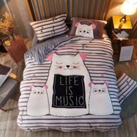 SALE Trọn Bộ Chăn Ga Gối Nỉ 3D Cao Cấp Gia Đình Mèo Loại 1