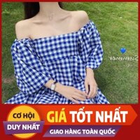 (SALE XẢ KHO) Đầm Babydoll Nữ Kẻ Xanh Cổ Vuông , Váy Nữ Tay Bồng Kẻ Caro Dáng Xòe Q021
