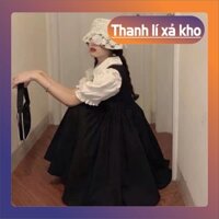 (SALE XẢ KHO) Đầm Yếm Nữ Đen Phối Màu Cộc Tay ,Váy Yếm Nữ Có Cổ Dáng Lỡ Chất Đũi Q054