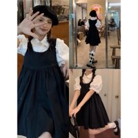 Sale xả kho Đầm Yếm Nữ Đen Phối Màu Cộc Tay ,Váy Yếm Nữ Có Cổ Dáng Lỡ Chất Đũi Q054