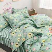 Sales Chính Hãng- Bộ Chăn Ga Gối Đệm Poly Coton Đũi Cúc Vàng Xanh Ngọc  -BST Chăn Ga Gối Poly Cotton