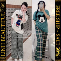 💖SALE💖Set Bộ Đồ Nữ Áo Phông Thỏ Đội Mũ Mix Quần Suông Kẻ Caro Xanh Ống Rộng Freesize - Linh Beautiful