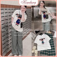 💖SALE💖Set Bộ Đồ Nữ Áo Phông Thỏ Đội Mũ Mix Quần Suông Kẻ Caro Xanh Ống Rộng Freesize - Kim Dung Store