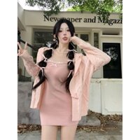 SAM SAM SHOP Áo khoác cardigan áo len dài tay +đầm 2 dây ôm body xinh xắn ngọt ngào ULZZANG