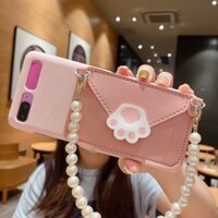 Samsung galaxy z flip 4g 5 4 3 5g thời trang sang trọng dễ thương diy cat paw card bag túi xách bao đựng với chuỗi tay ngọc trai cầm tay