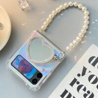 Samsung Galaxy Z Flip 5G 4G 3 Flip3 Girl Kim Cương Trái Tim Tình Yêu Gương Đứng Giá Đỡ Thẻ Laser Ngọc Trai Dây Xích Tay Bao Da