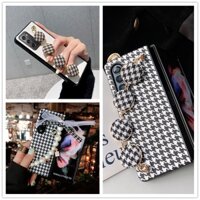 Samsung Galaxy Z Fold 6 5 4 3 2 5G ZFold5 Fold6 Nữ Vải Thời Trang Ngọc Trai Dây Xích Tay Vòng Tay Houndstooth In Da PU Vỏ Điện Thoại Cứng