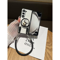 Samsung Galaxy Z Fold 6 5 4 3 2 5G Thời Trang Hoạt Hình Dễ Thương Đồng Hồ Xoay Chó Con Đứng Giá Đỡ Da Trắng Vỏ Điện Thoại Có Dây Đeo Tay Dệt Di Động